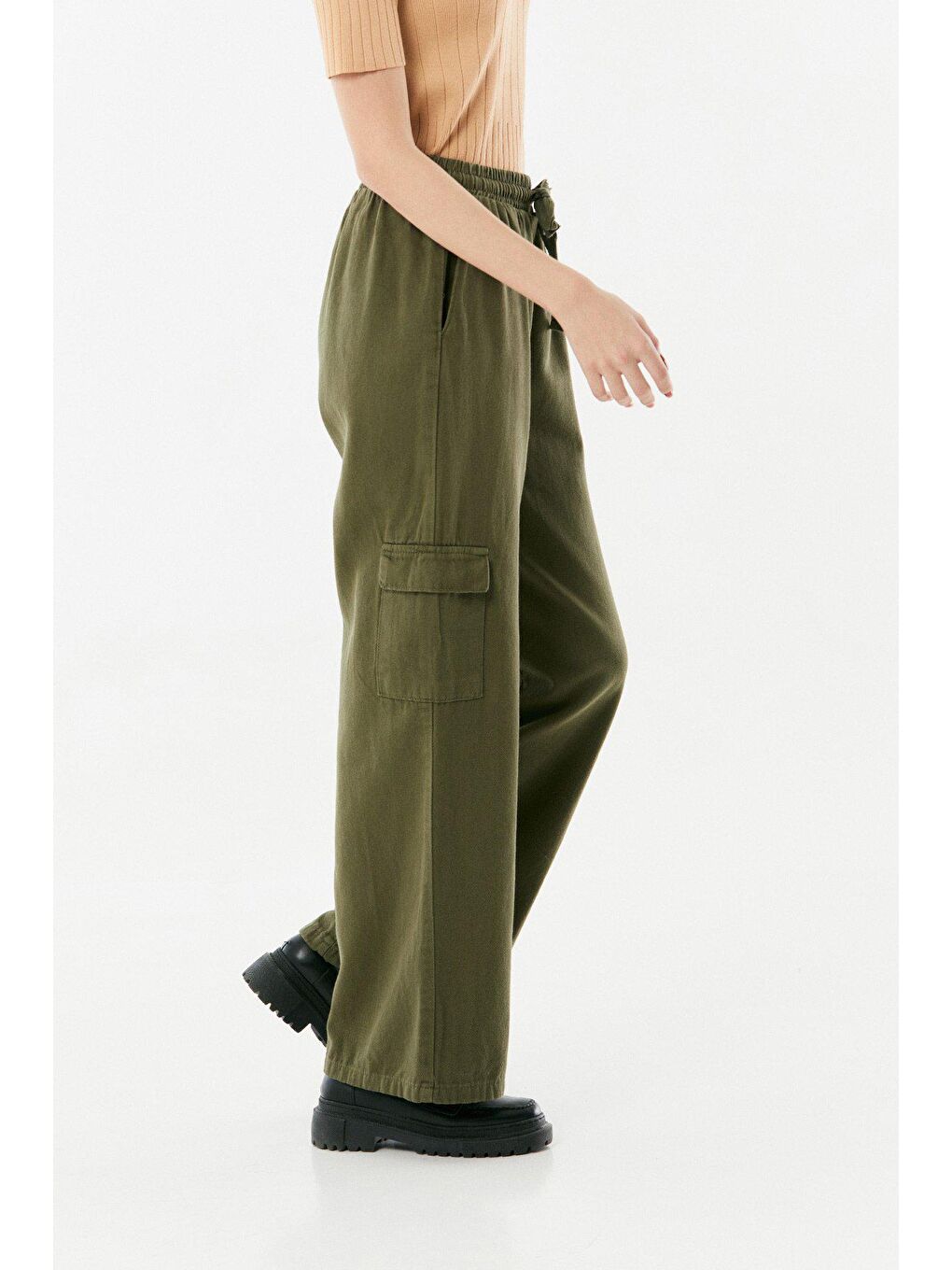 Haki Beli Lastikli Kargo Cepli Palazzo Pantolon-3