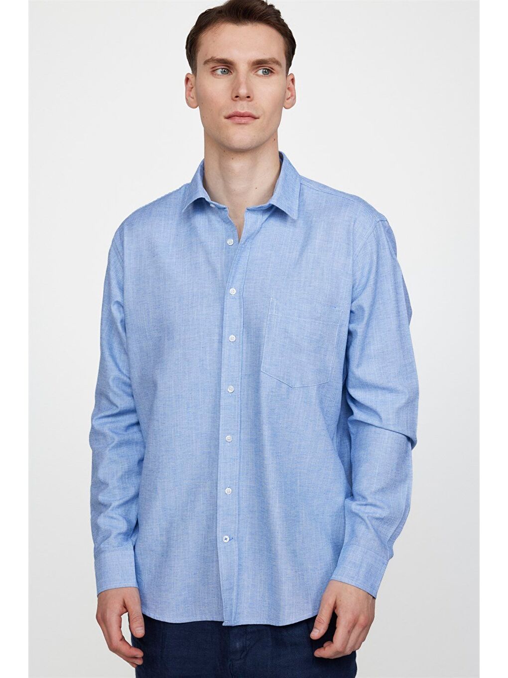 Erkek Regular Fit Klasik Kesim %100 Pamuk Keten Doku Biyeli Mavi Gömlek-1