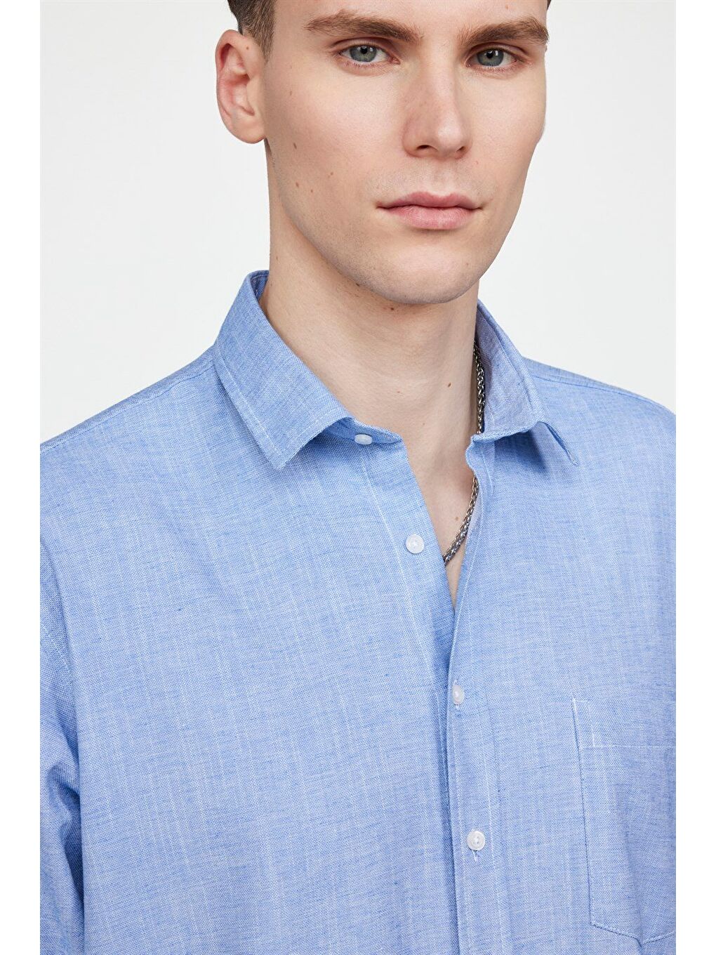 Erkek Regular Fit Klasik Kesim %100 Pamuk Keten Doku Biyeli Mavi Gömlek-2