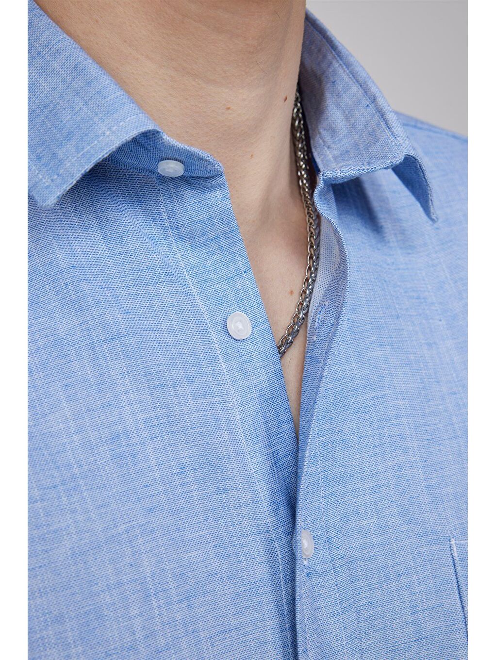 Erkek Regular Fit Klasik Kesim %100 Pamuk Keten Doku Biyeli Mavi Gömlek-3