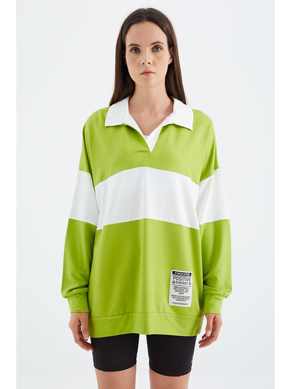 Veryperi Yeşil Lime Yeşil Polo Yaka Renk Bloklu Oversize Kadın Sweatshirt - 02377