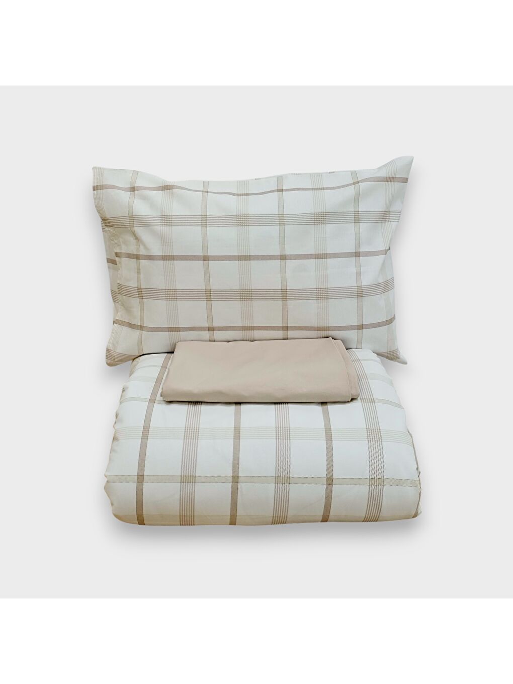 Karışık Çift Kişilik %100 Pamuk Ekose Kareli Nevresim Takımı | Kahve & Bej & Beyaz | 4 Parça | Yumuşak Doku-2