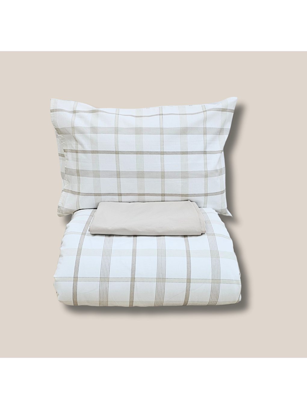 Karışık Çift Kişilik %100 Pamuk Ekose Kareli Nevresim Takımı | Kahve & Bej & Beyaz | 4 Parça | Yumuşak Doku-3