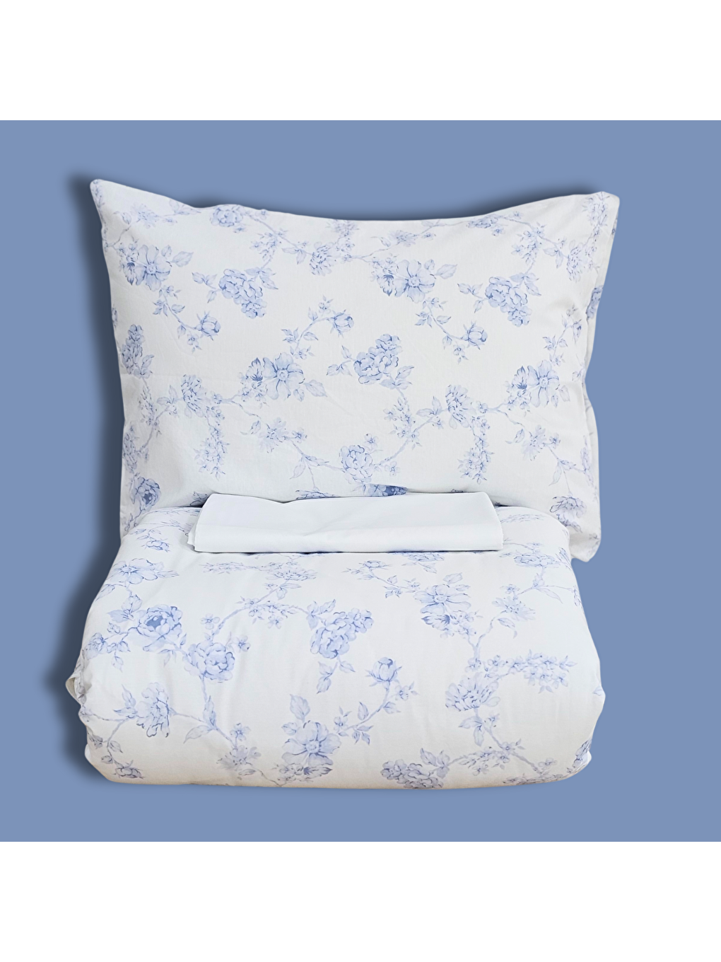 Karışık Çift Kişilik %100 Pamuk Mavi Çiçek Nevresim Takımı | Mavi & Beyaz | 4 Parça | Yumuşak Dokulu-2