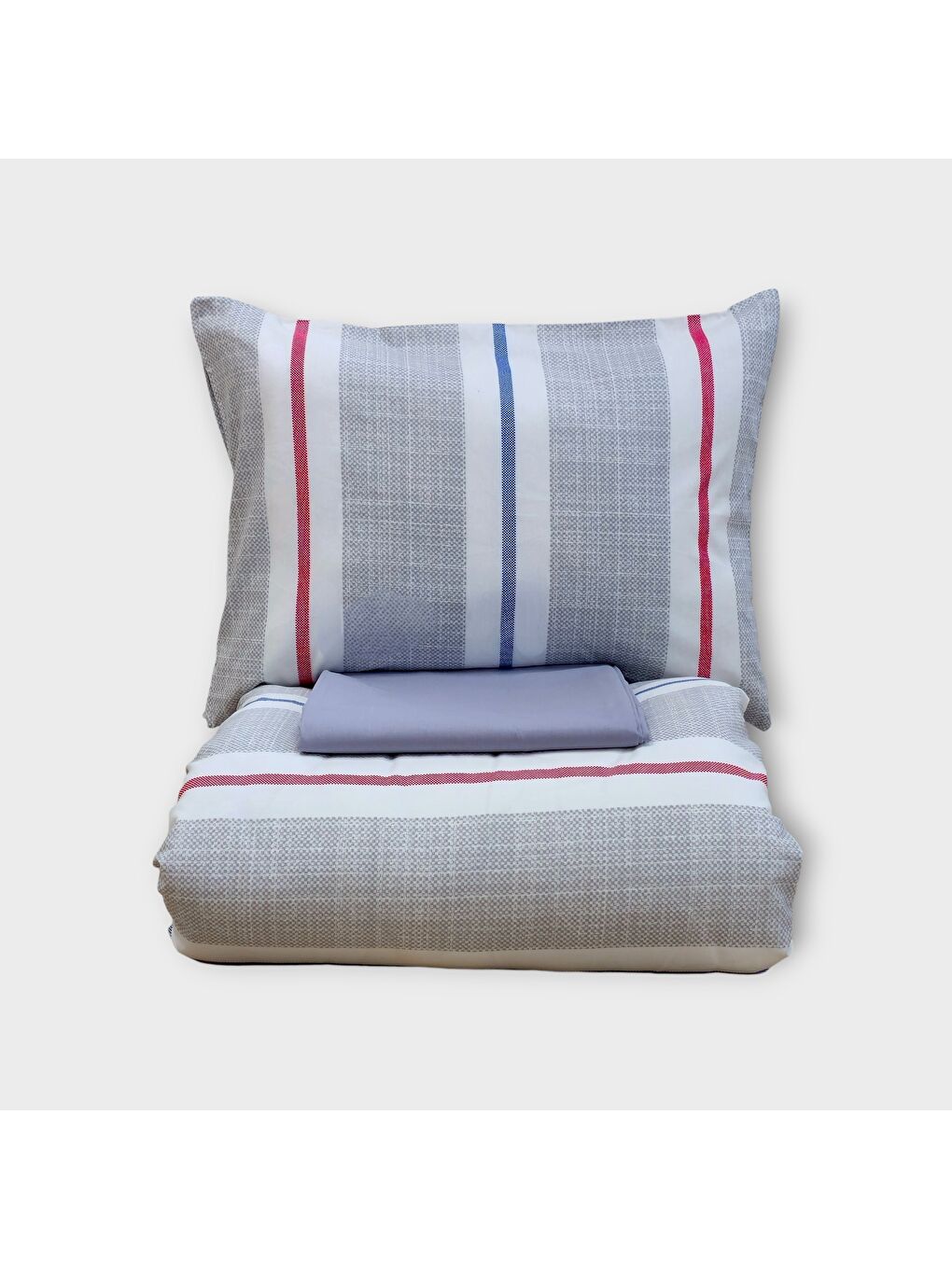 Karışık Tek Kişilik %100 Pamuk Gri Nevresim Takımı | Mavi & Kırmızı Çizgili | 3 Parça | Yumuşak Dokulu-1