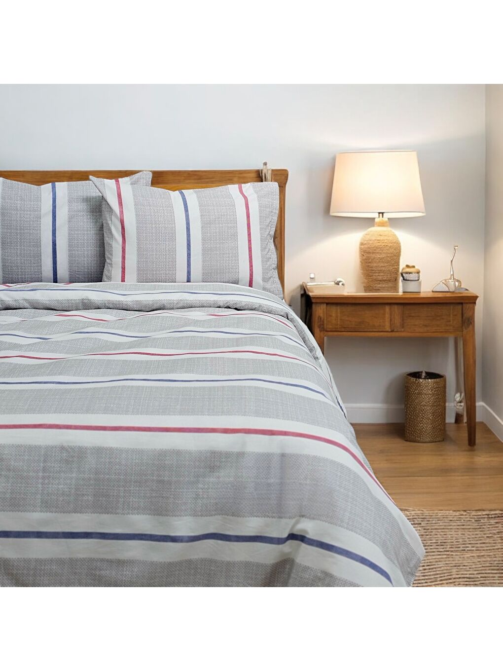 Karışık Tek Kişilik %100 Pamuk Gri Nevresim Takımı | Mavi & Kırmızı Çizgili | 3 Parça | Yumuşak Dokulu-2