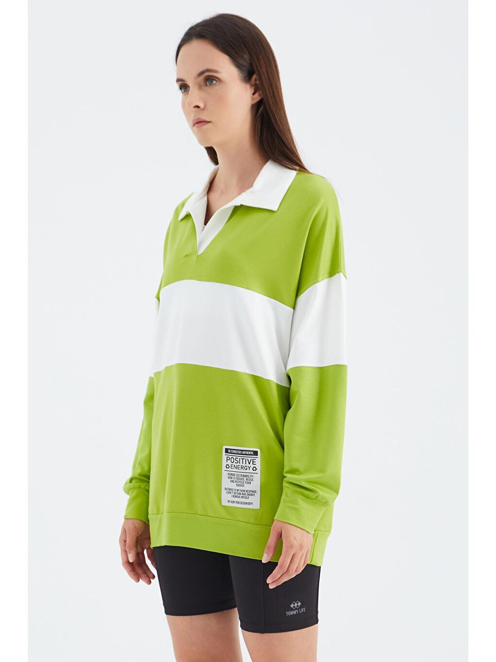 Veryperi Yeşil Lime Yeşil Polo Yaka Renk Bloklu Oversize Kadın Sweatshirt - 02377 - 2