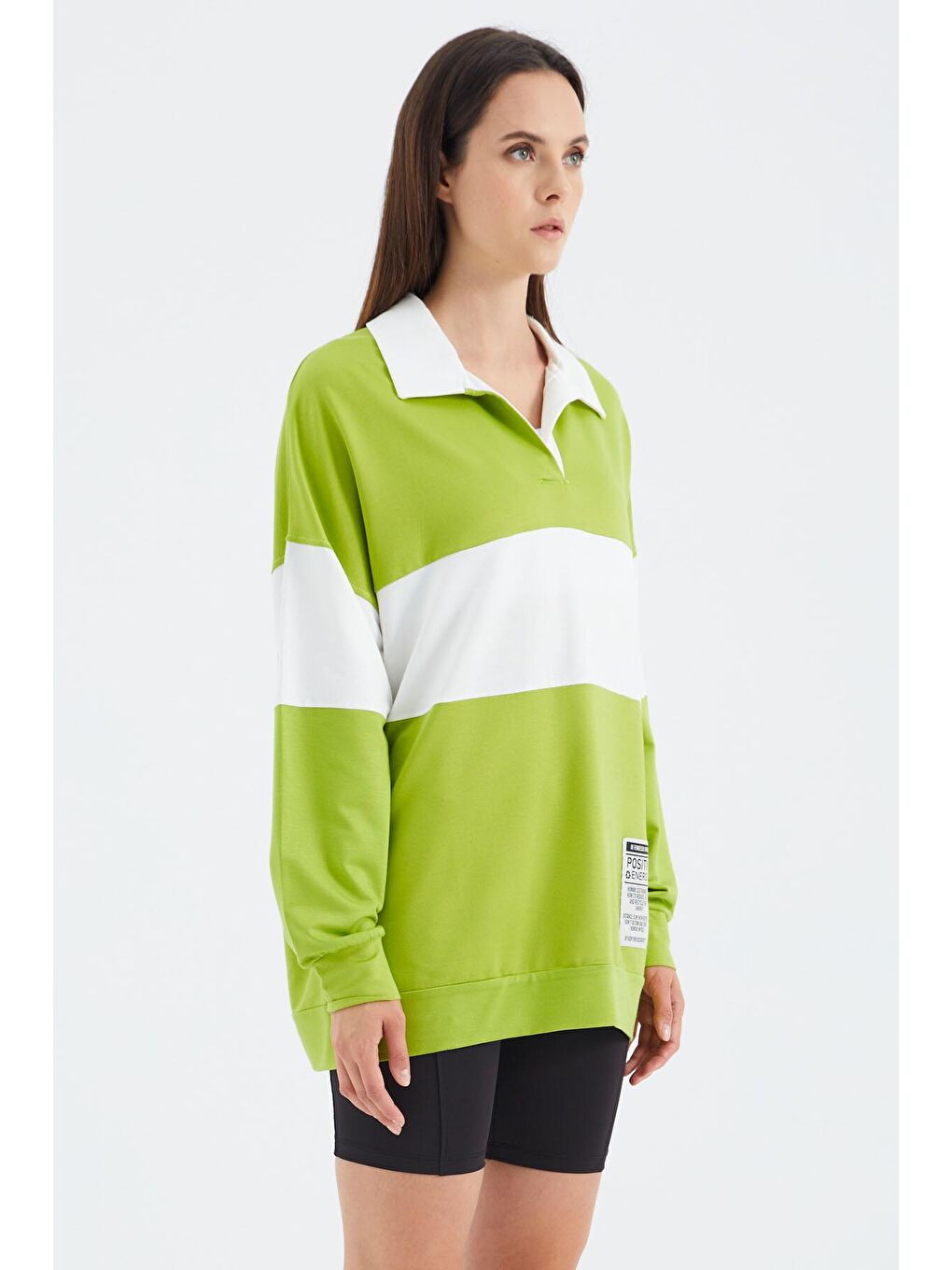 Veryperi Yeşil Lime Yeşil Polo Yaka Renk Bloklu Oversize Kadın Sweatshirt - 02377 - 3