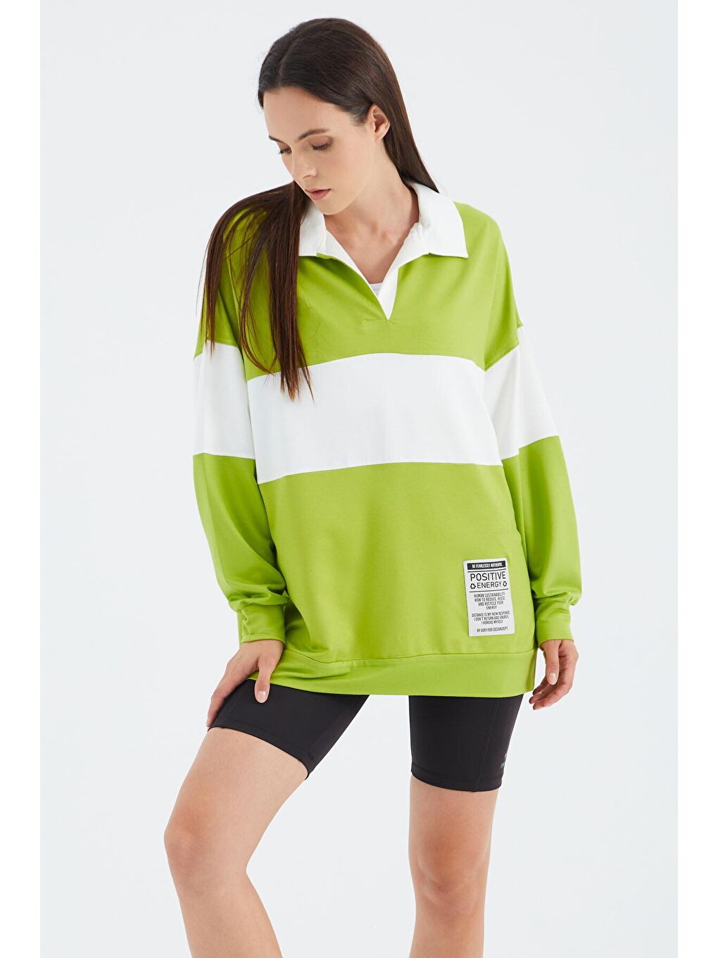 Veryperi Yeşil Lime Yeşil Polo Yaka Renk Bloklu Oversize Kadın Sweatshirt - 02377 - 4