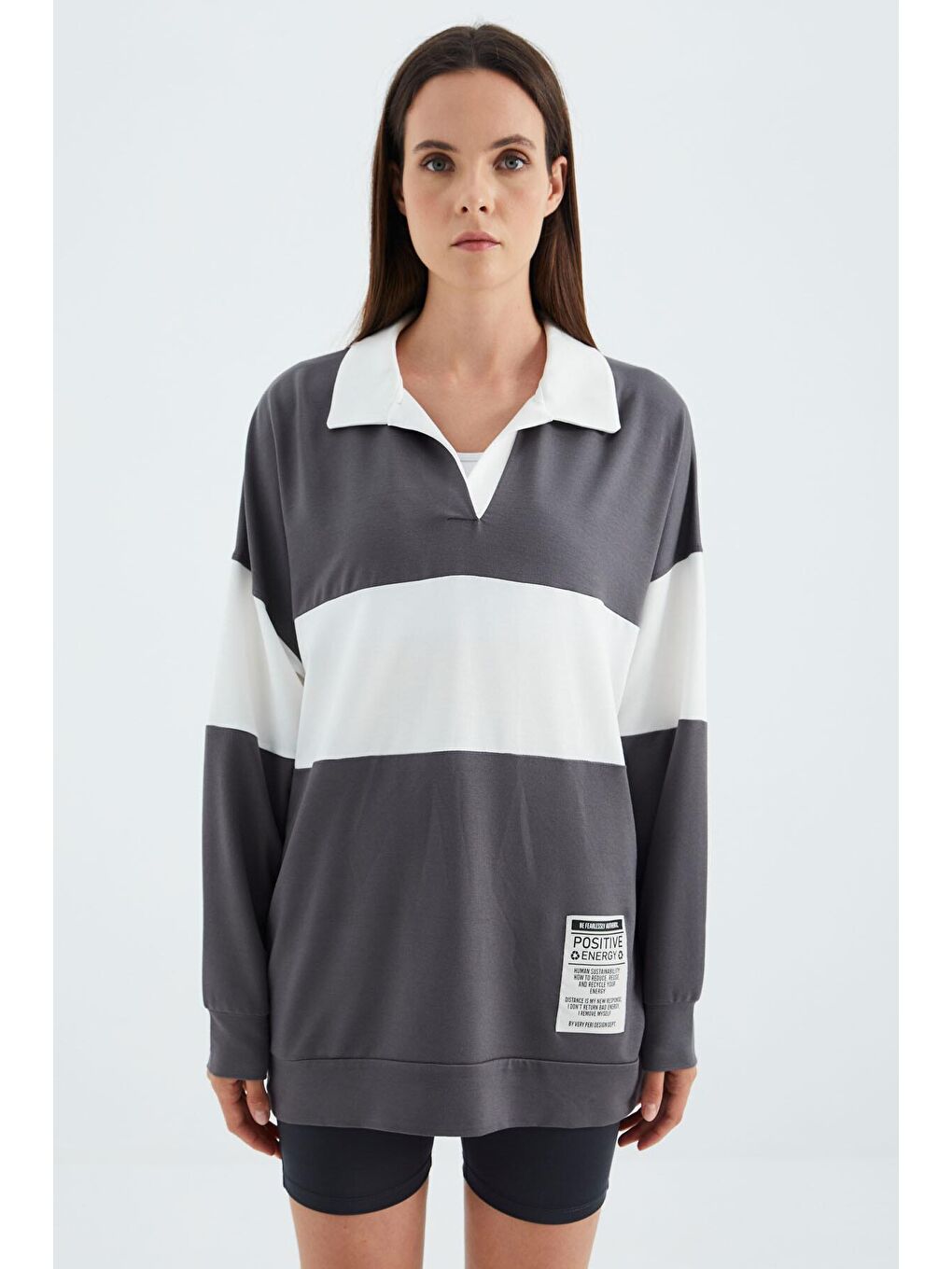 Koyu Gri Polo Yaka Renk Bloklu Oversize Kadın Sweatshirt - 02377