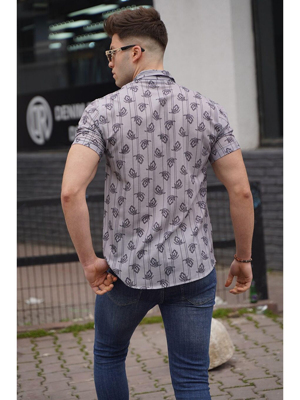 Gri Kısa Kollu Desenli Erkek Gömlek-1