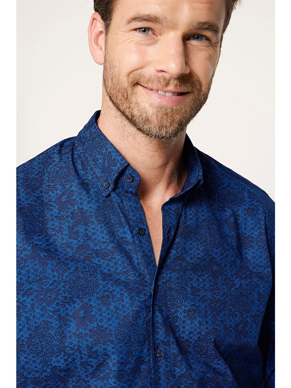 Erkek Regular Fit Klasik Kesim Elastanlı Baskılı Pamuklu Lacivert Gömlek