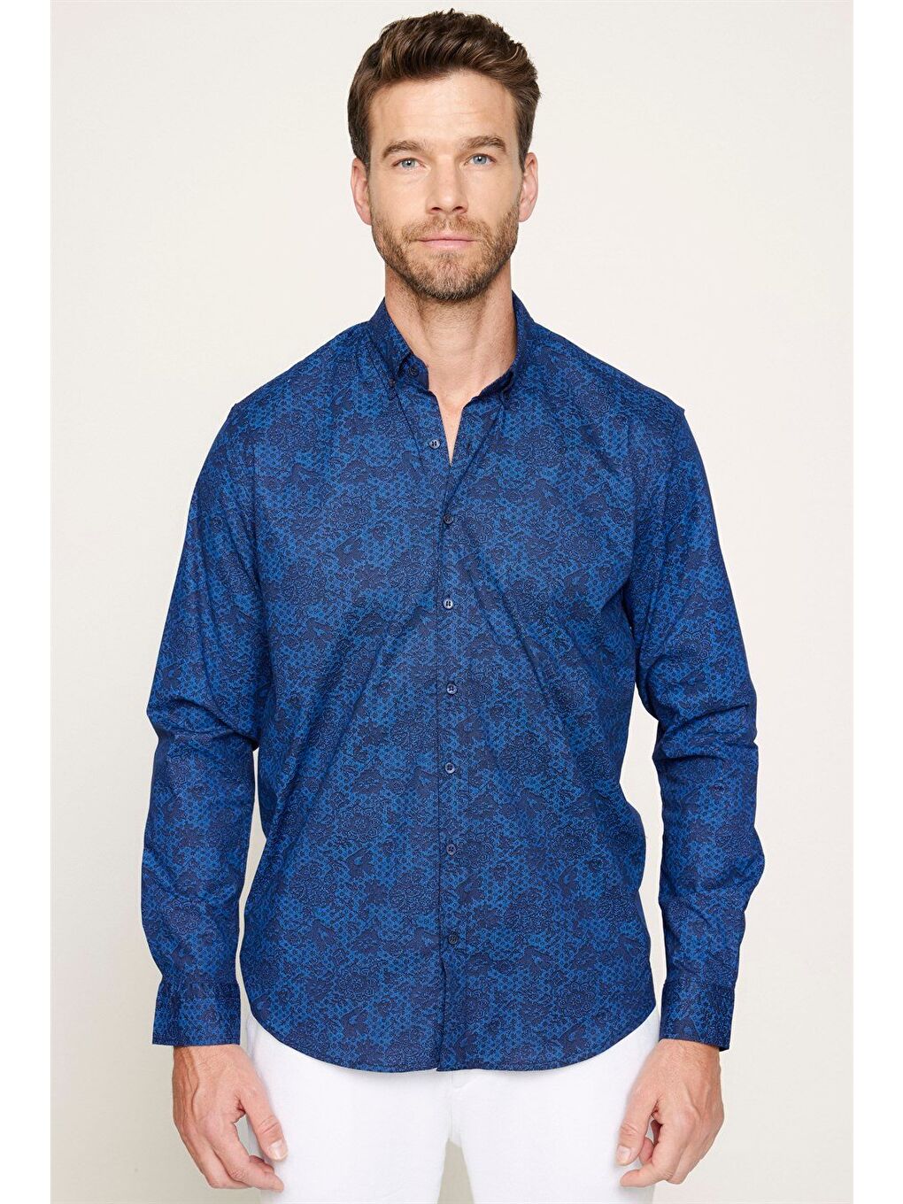 Erkek Regular Fit Klasik Kesim Elastanlı Baskılı Pamuklu Lacivert Gömlek-1