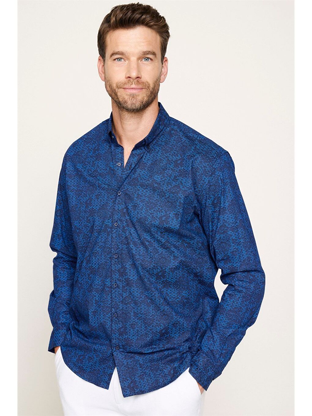 Erkek Regular Fit Klasik Kesim Elastanlı Baskılı Pamuklu Lacivert Gömlek-2