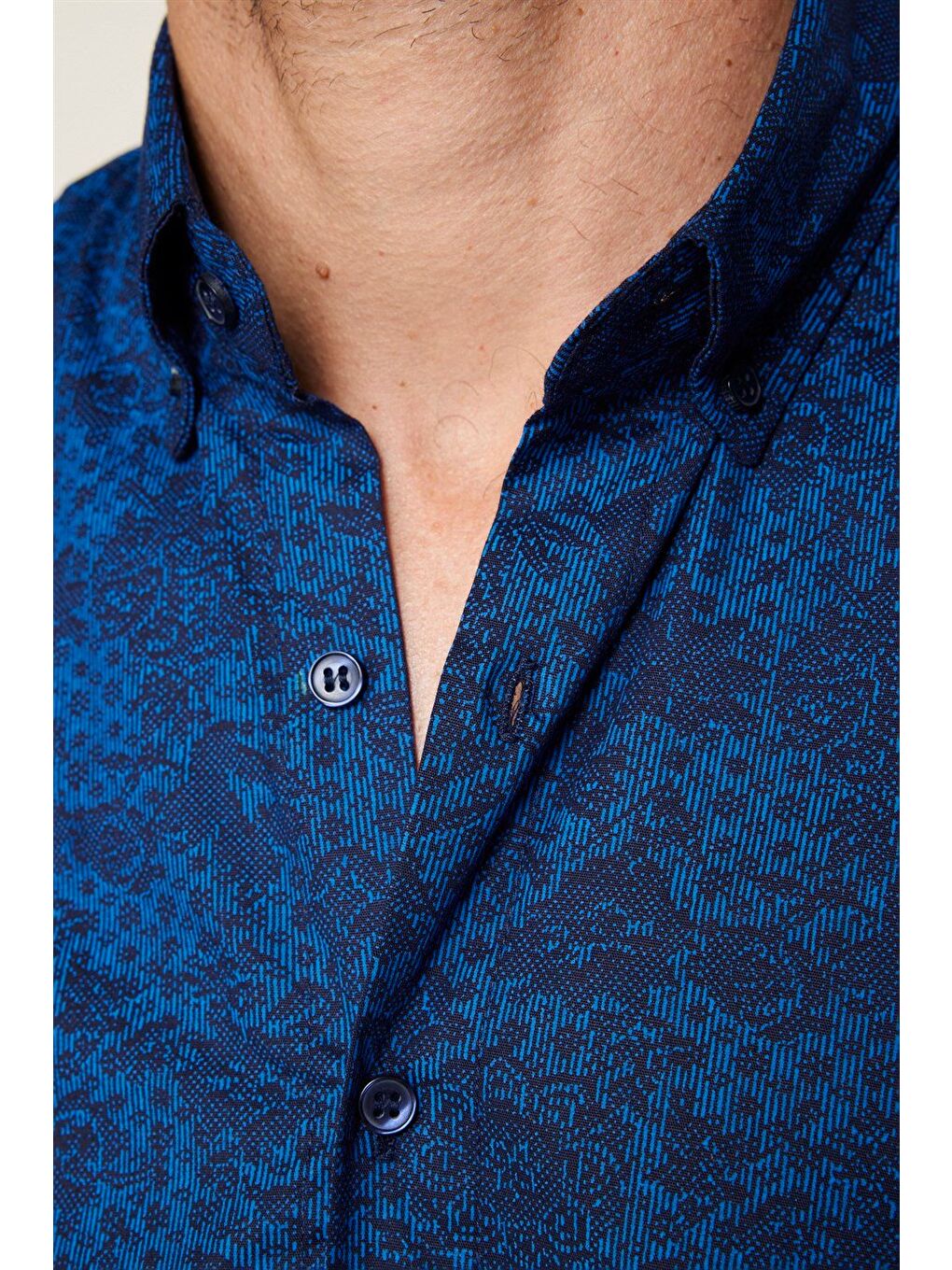 Erkek Regular Fit Klasik Kesim Elastanlı Baskılı Pamuklu Lacivert Gömlek-3