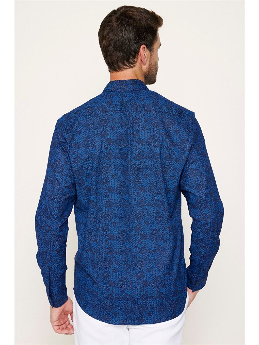 Erkek Regular Fit Klasik Kesim Elastanlı Baskılı Pamuklu Lacivert Gömlek-4