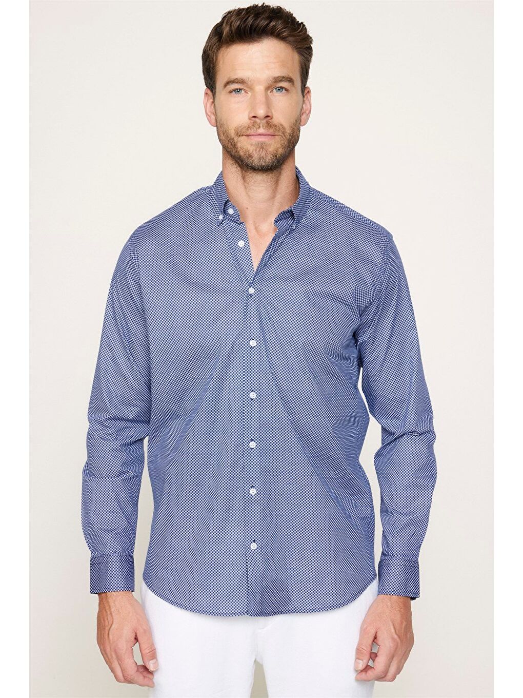 Erkek Regular Fit Klasik Kesim Elastanlı Baskılı Pamuklu Lacivert Gömlek-1