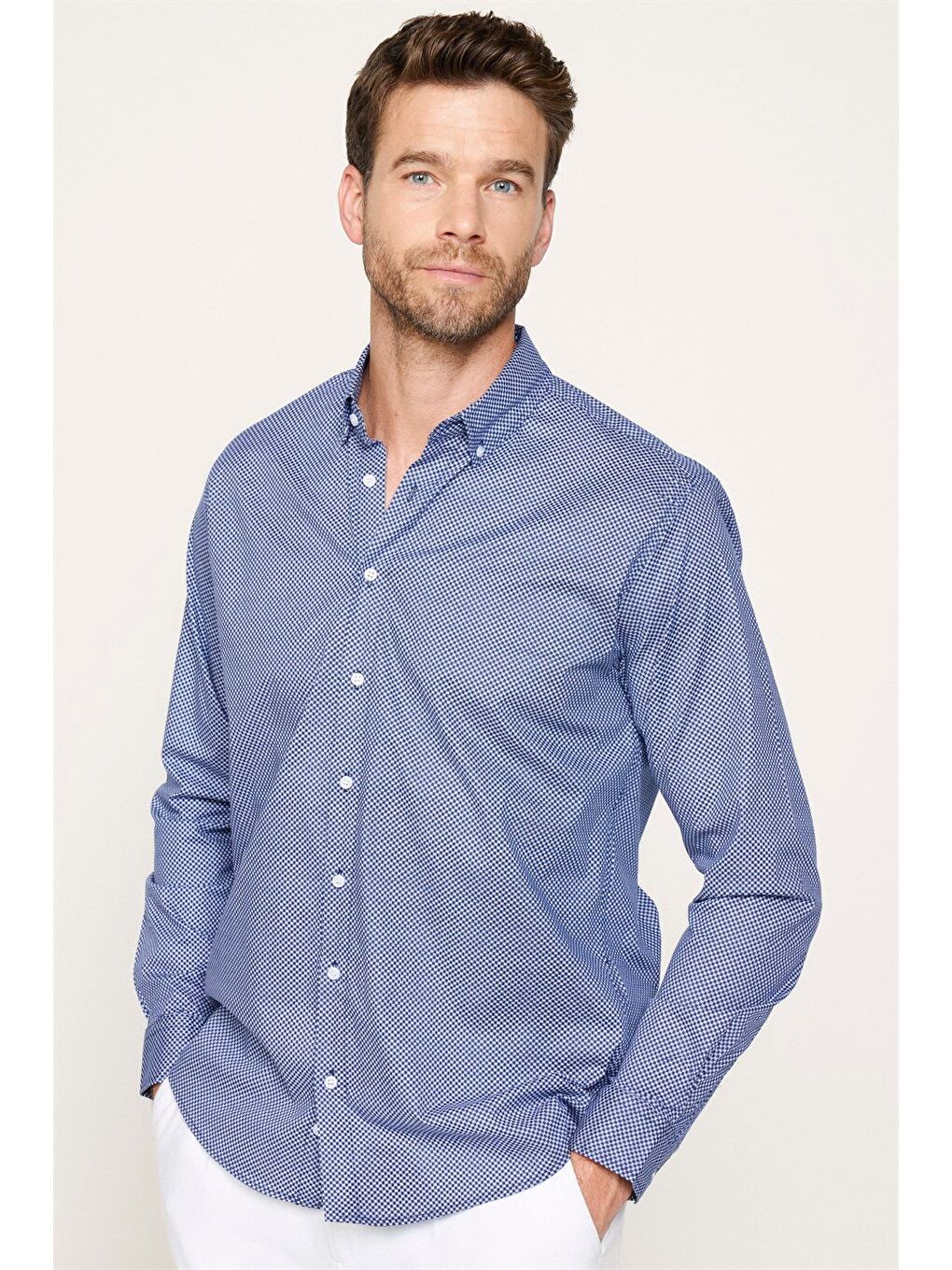 Erkek Regular Fit Klasik Kesim Elastanlı Baskılı Pamuklu Lacivert Gömlek-2