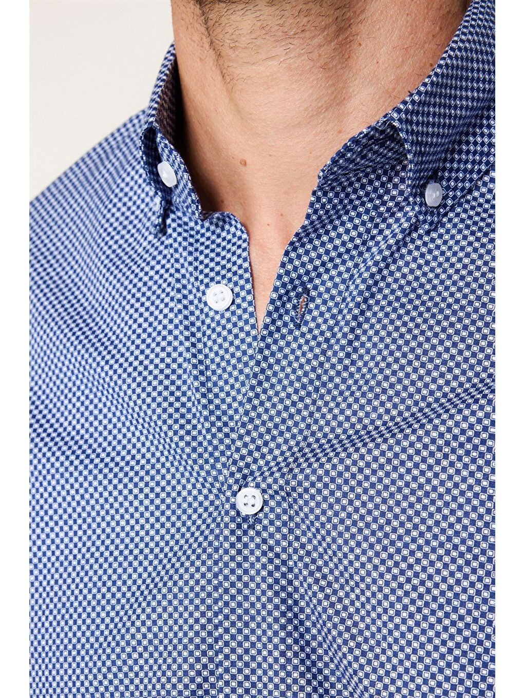 Erkek Regular Fit Klasik Kesim Elastanlı Baskılı Pamuklu Lacivert Gömlek-3