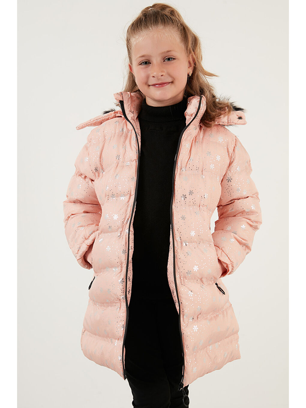 Pembe Yakası Suni Kürklü Çıkarılabilir Kapüşonlu Peluş Astarlı Kışlık Uzun Mont 5760051-2