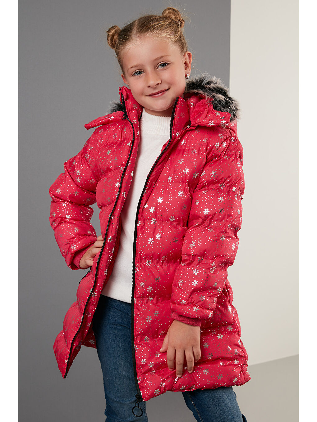 Fuşya Yakası Suni Kürklü Çıkarılabilir Kapüşonlu Pelüş Astarlı Kışlık Uzun Kız Çocuk 5760051-1