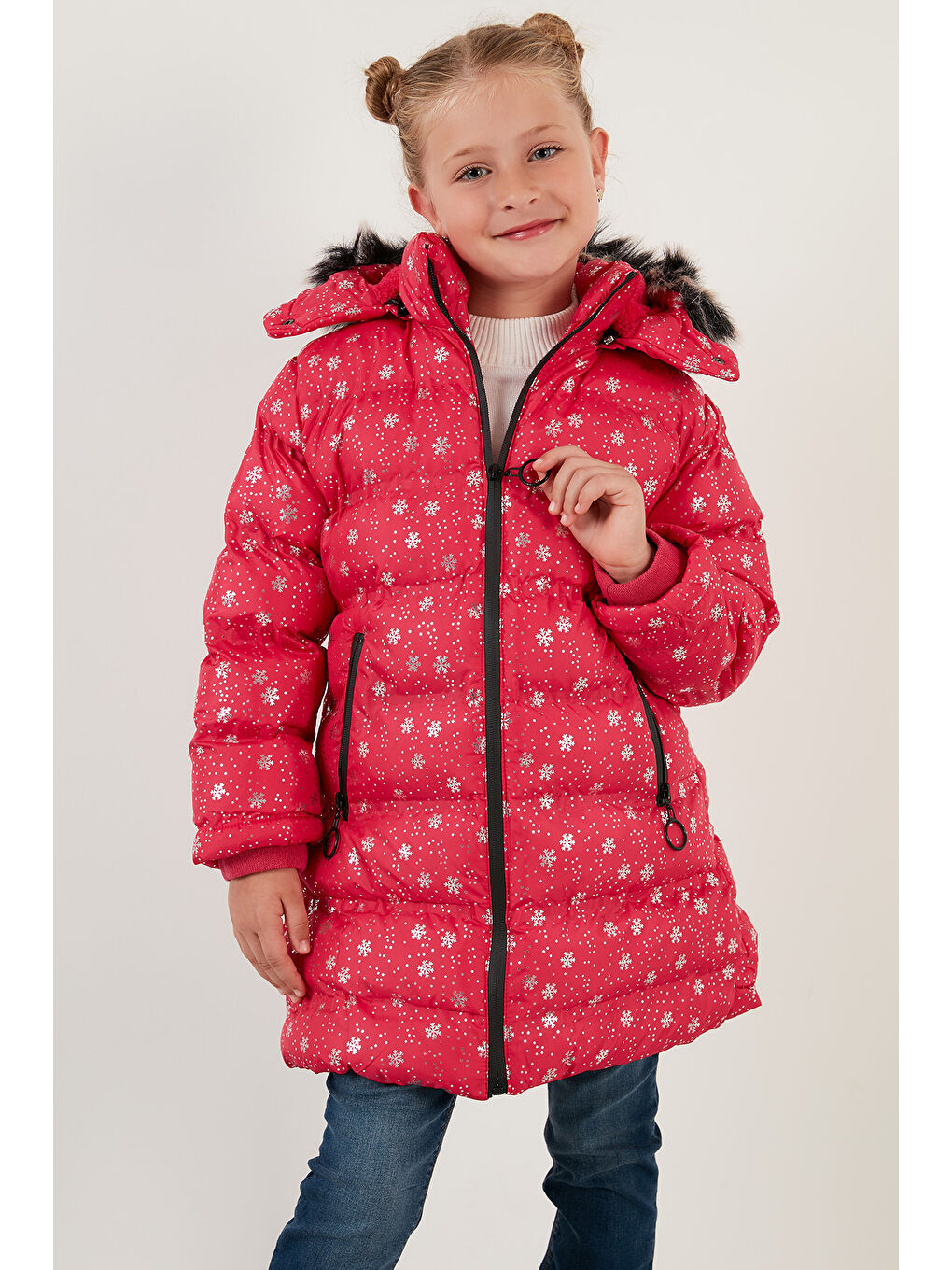 Fuşya Yakası Suni Kürklü Çıkarılabilir Kapüşonlu Pelüş Astarlı Kışlık Uzun Kız Çocuk 5760051-2
