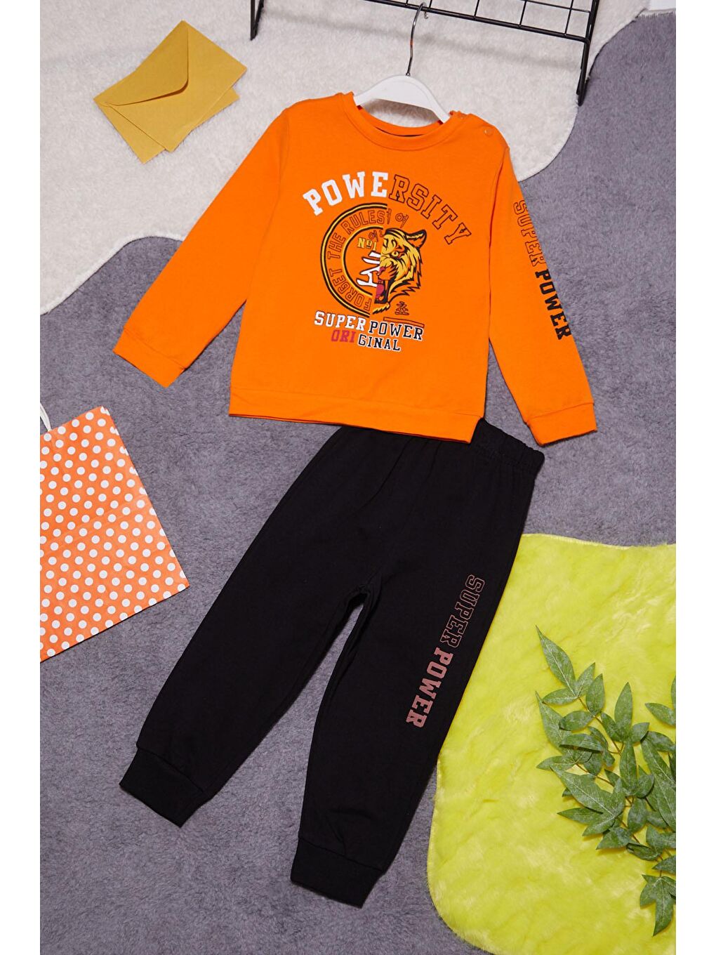 Turuncu Kaplan Baskılı Kolları Yazılı Erkek Bebek Takım 14998-1