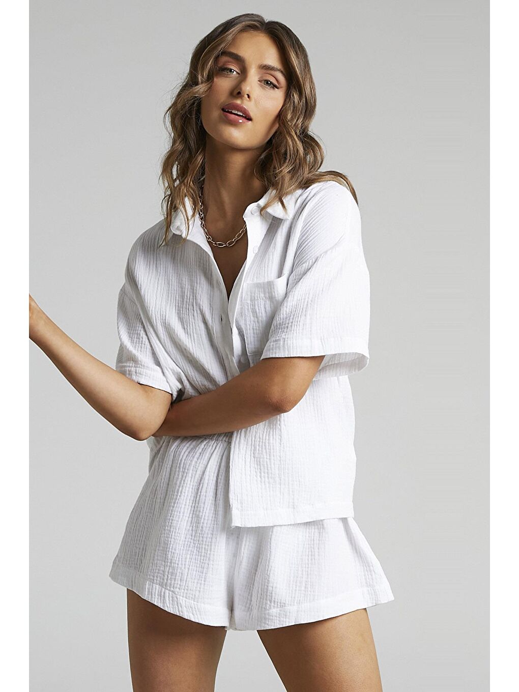 Beyaz Muslin Kumaş Basic Kadın Gömlek Mg1784