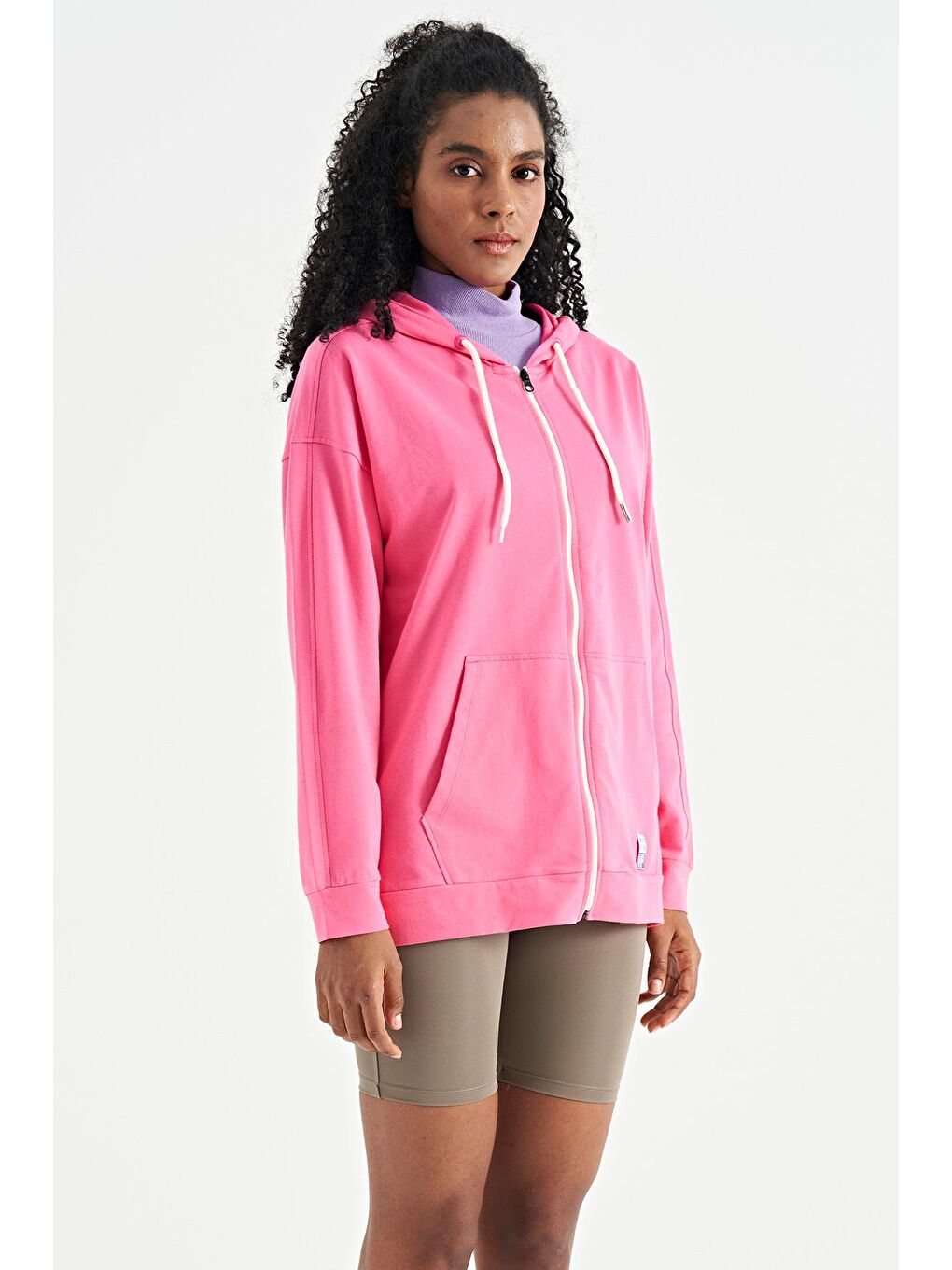 Veryperi Pembe Şeker Pembe Kapüşonlu ön Fermuarlı Oversize Kadın Swetashirt - 02279 - 3