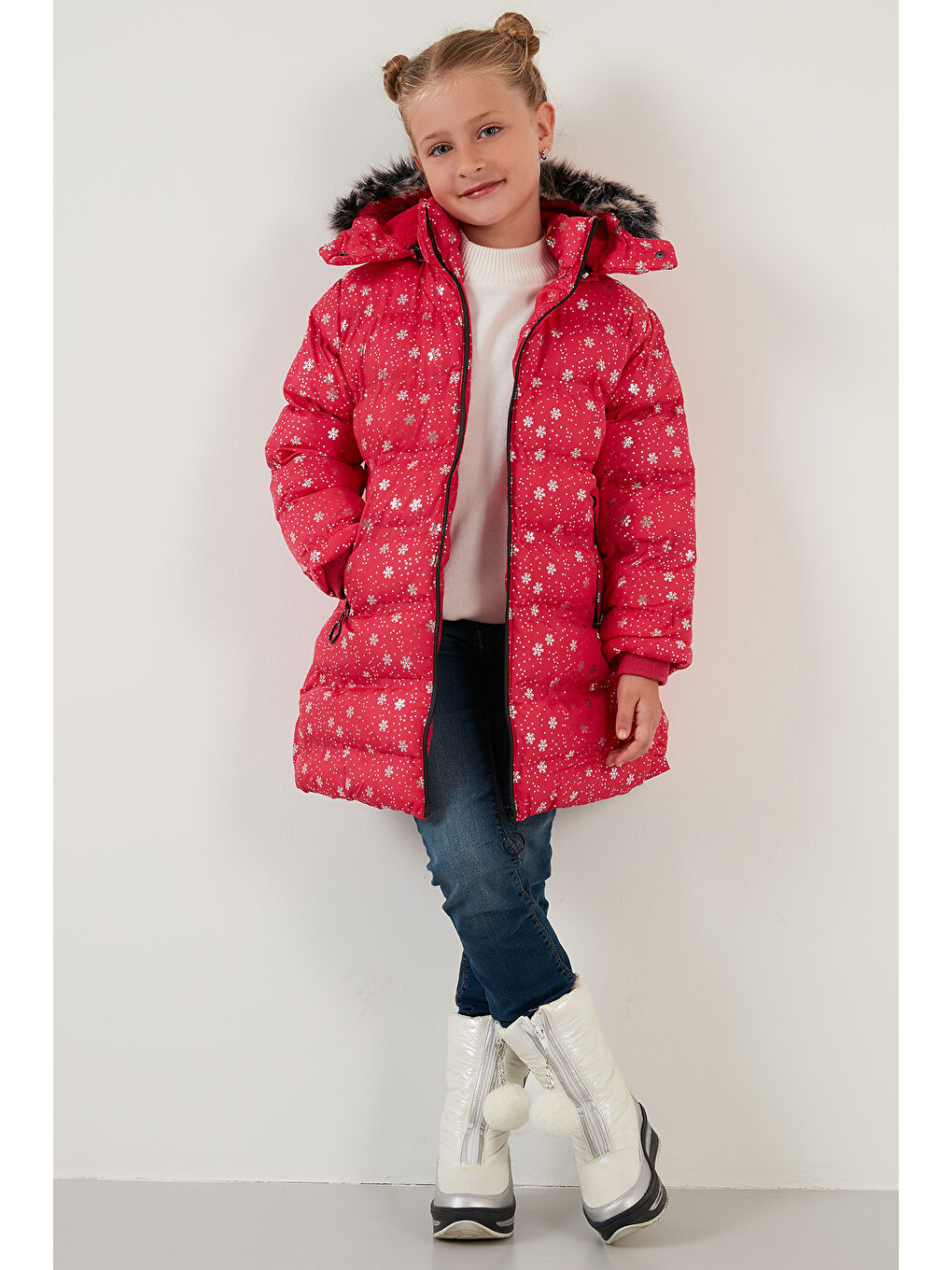 Fuşya Yakası Suni Kürklü Çıkarılabilir Kapüşonlu Pelüş Astarlı Kışlık Uzun Kız Çocuk 5760051-3