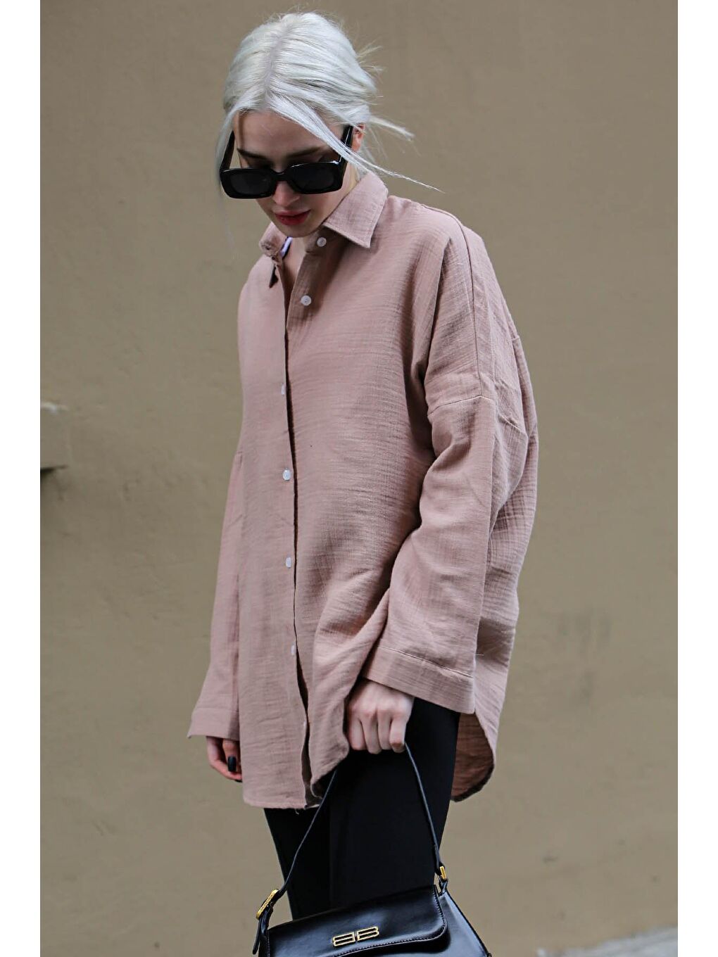 Bej Vizon Muslin Kumaş Basic Kadın Gömlek Mg1660-1