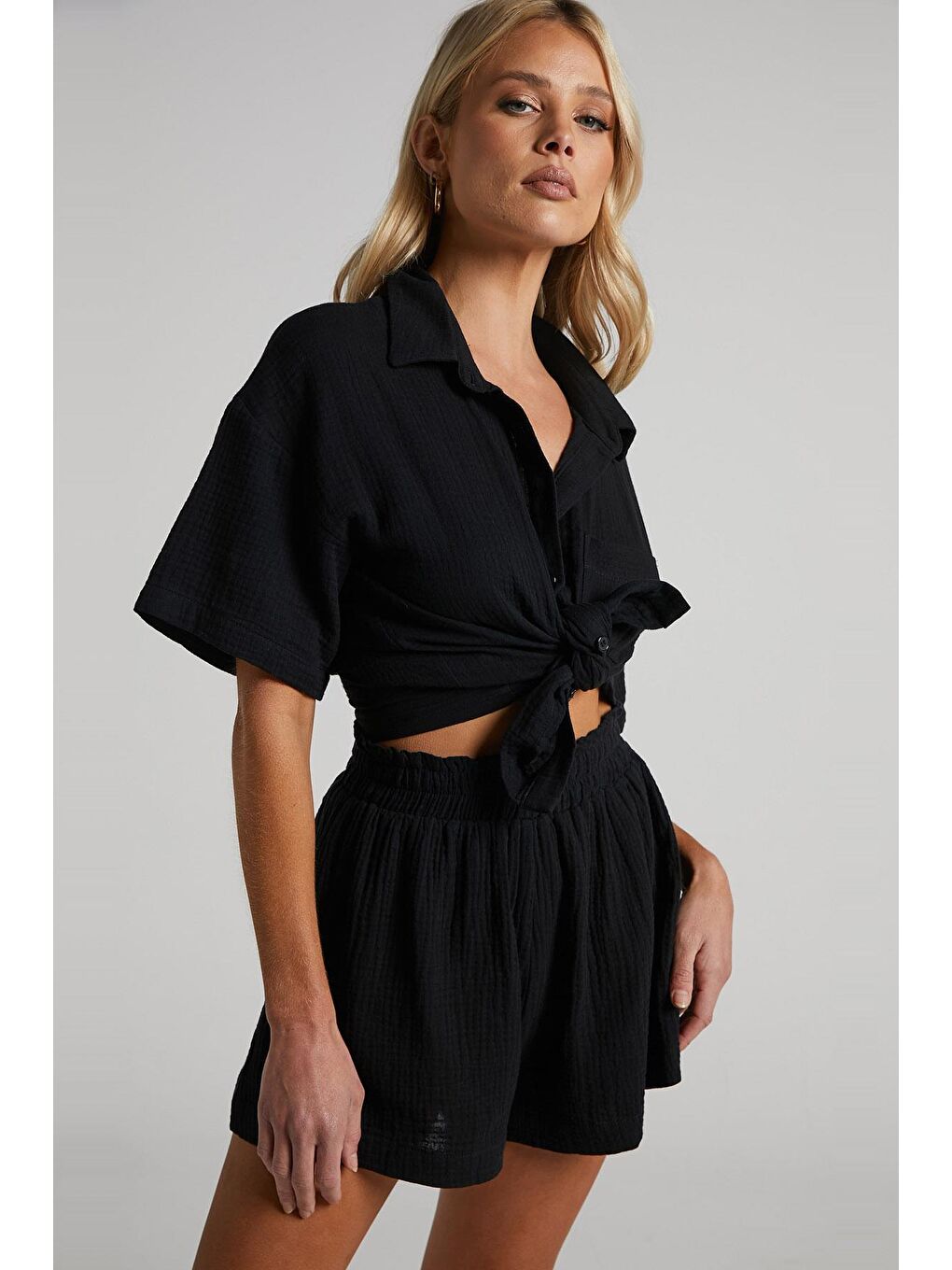 Siyah Muslin Kumaş Basic Kadın Gömlek Mg1784-1