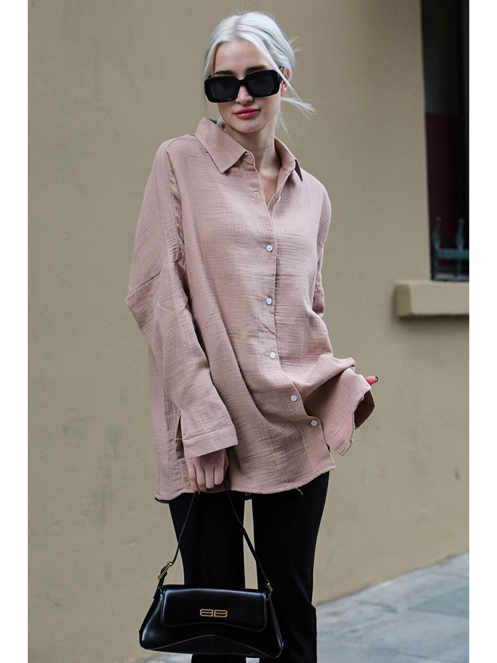 Bej Vizon Muslin Kumaş Basic Kadın Gömlek Mg1660-2