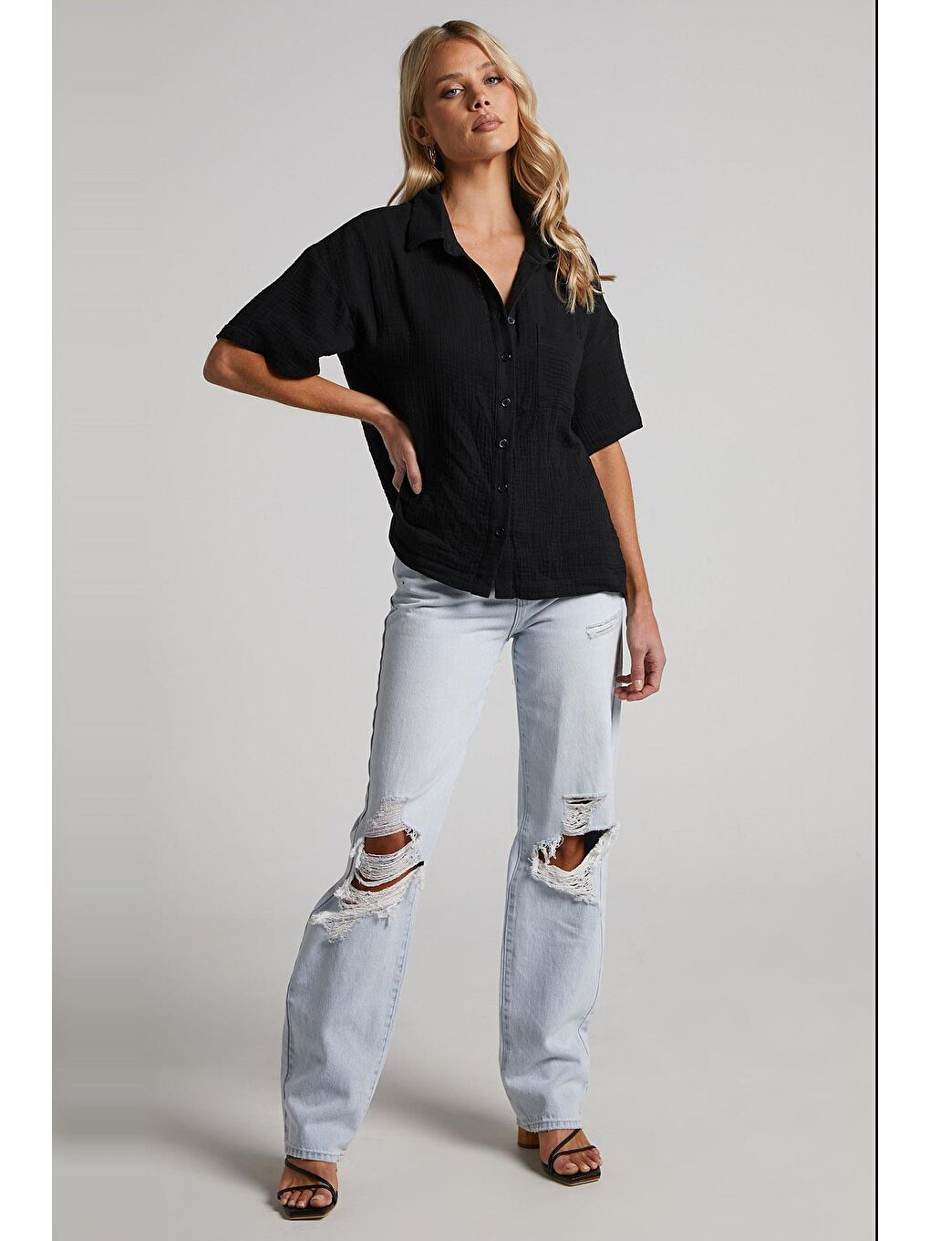 Siyah Muslin Kumaş Basic Kadın Gömlek Mg1784-2