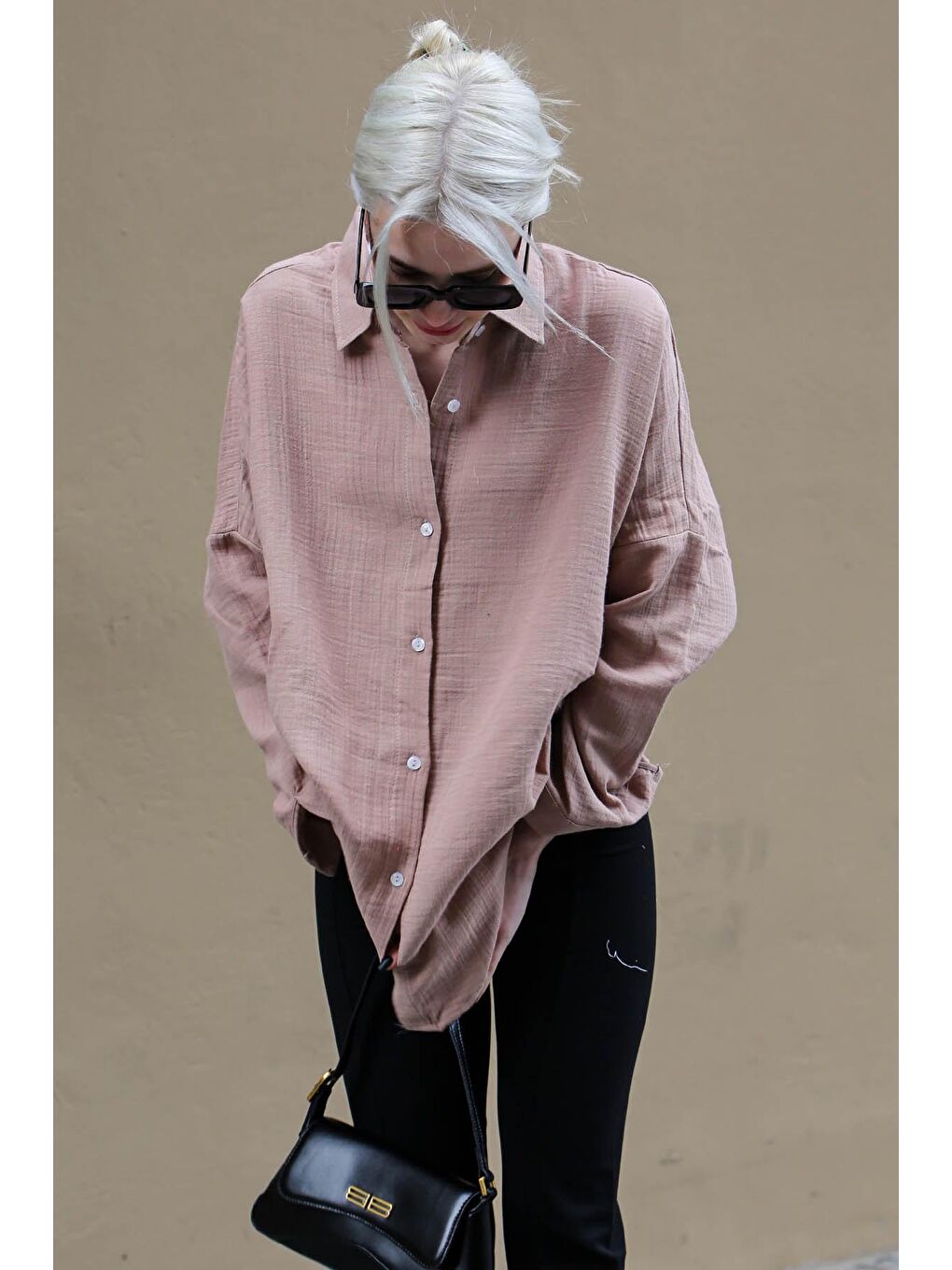 Bej Vizon Muslin Kumaş Basic Kadın Gömlek Mg1660-3