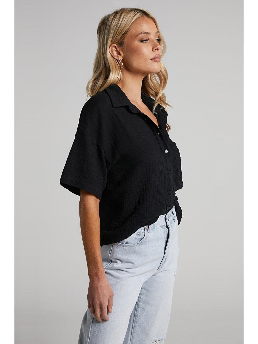 Siyah Muslin Kumaş Basic Kadın Gömlek Mg1784-3