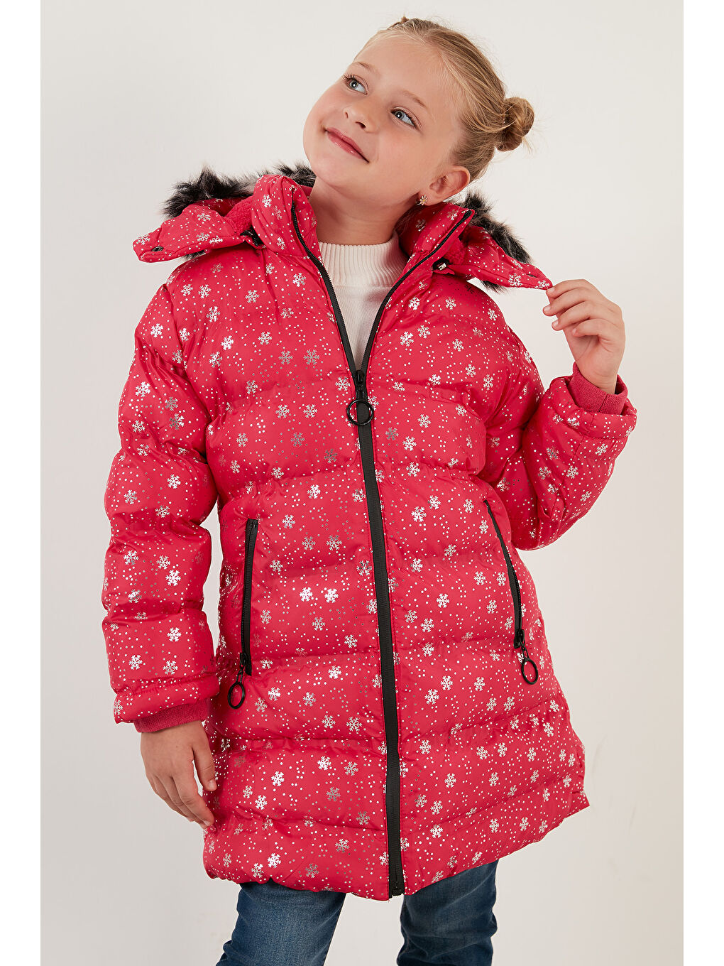 Fuşya Yakası Suni Kürklü Çıkarılabilir Kapüşonlu Pelüş Astarlı Kışlık Uzun Kız Çocuk 5760051-7