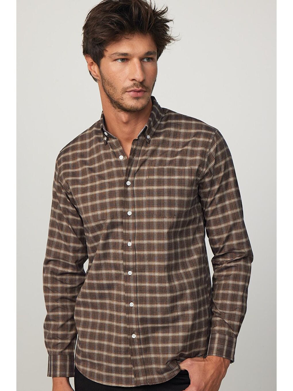 Karışık Erkek Regular Fit Klasik Kesim Düğmeli Yaka Küçük Kareli Pamuklu Gömlek-1