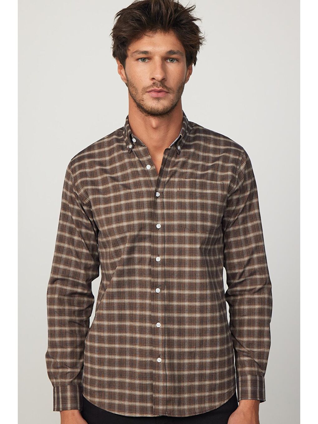 Karışık Erkek Regular Fit Klasik Kesim Düğmeli Yaka Küçük Kareli Pamuklu Gömlek-2