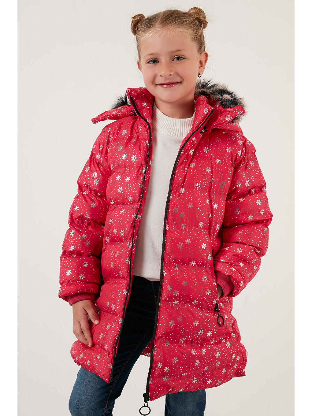 Fuşya Yakası Suni Kürklü Çıkarılabilir Kapüşonlu Pelüş Astarlı Kışlık Uzun Kız Çocuk 5760051-8
