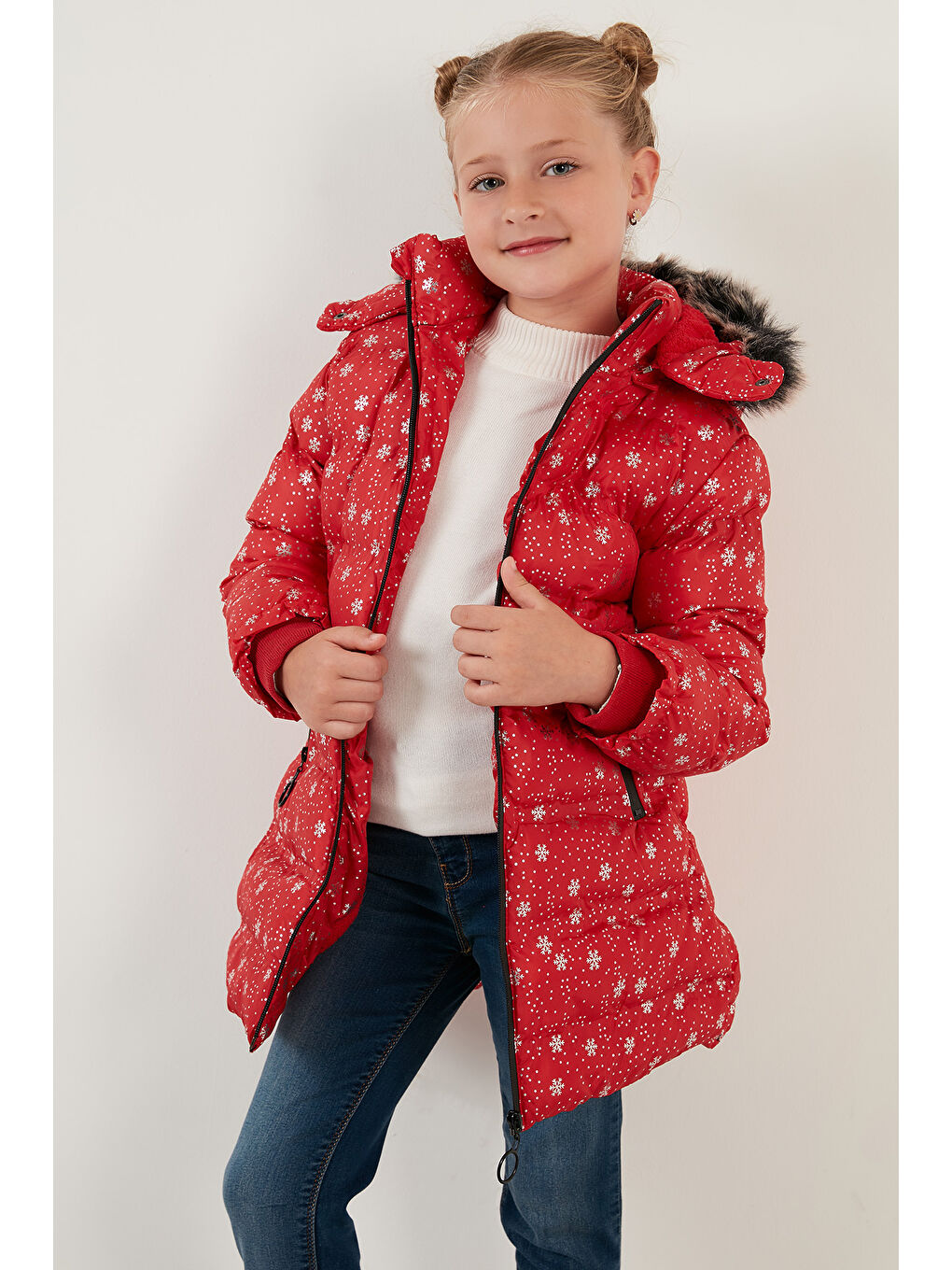 Kırmızı Yakası Suni Kürklü Çıkarılabilir Kapüşonlu Pelüş Astarlı Kışlık Uzun Kız Çocuk 5760051-1