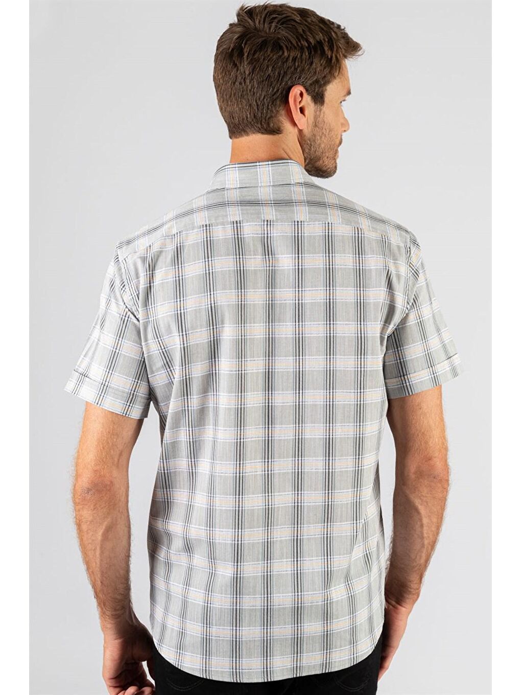 Siyah Klasik Fit Kısa Kol Ekoseli Keten Pamuk Erkek Renkli Gömlek-3