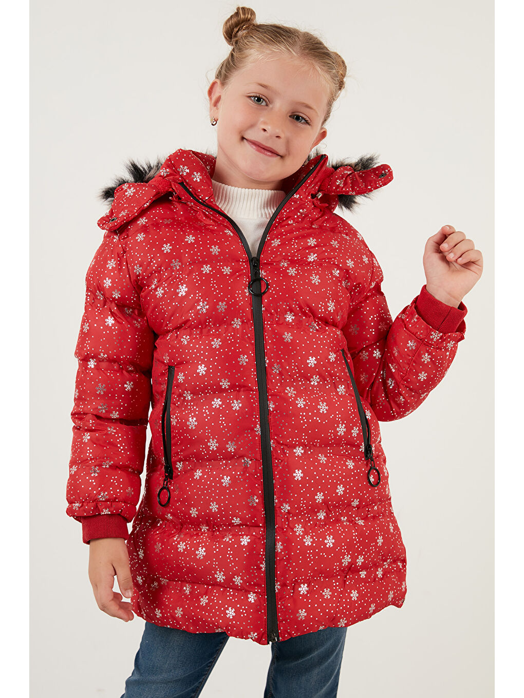Kırmızı Yakası Suni Kürklü Çıkarılabilir Kapüşonlu Pelüş Astarlı Kışlık Uzun Kız Çocuk 5760051-2