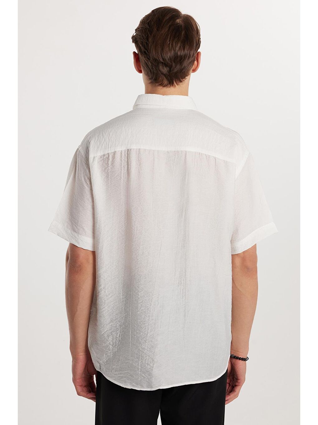 Oversize Mevsimlik Keten Dokulu Bol Kalıp Kısa Kollu Rahat Kullanım Erkek Ekru Gömlek-4