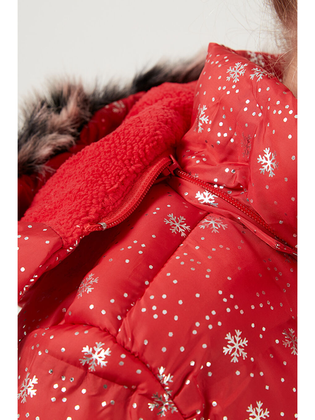 Kırmızı Yakası Suni Kürklü Çıkarılabilir Kapüşonlu Pelüş Astarlı Kışlık Uzun Kız Çocuk 5760051-3