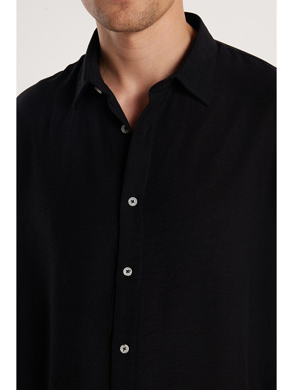 Oversize Mevsimlik Keten Dokulu Bol Kalıp Kısa Kollu Rahat Kullanım Erkek Siyah Gömlek-2