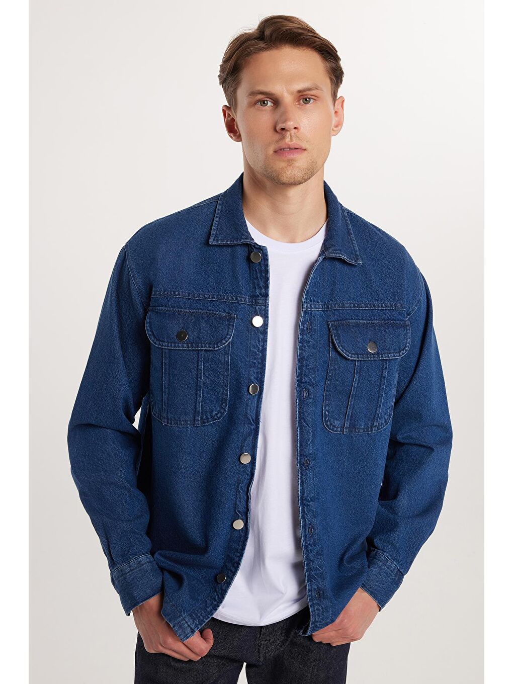 Lacivert Unisex Relax Fit Rahat Kesim Denim Jean Kapaklı Çift Cepli Overshirt Ceket Tarzı %100 Pamuk Gömlek-1