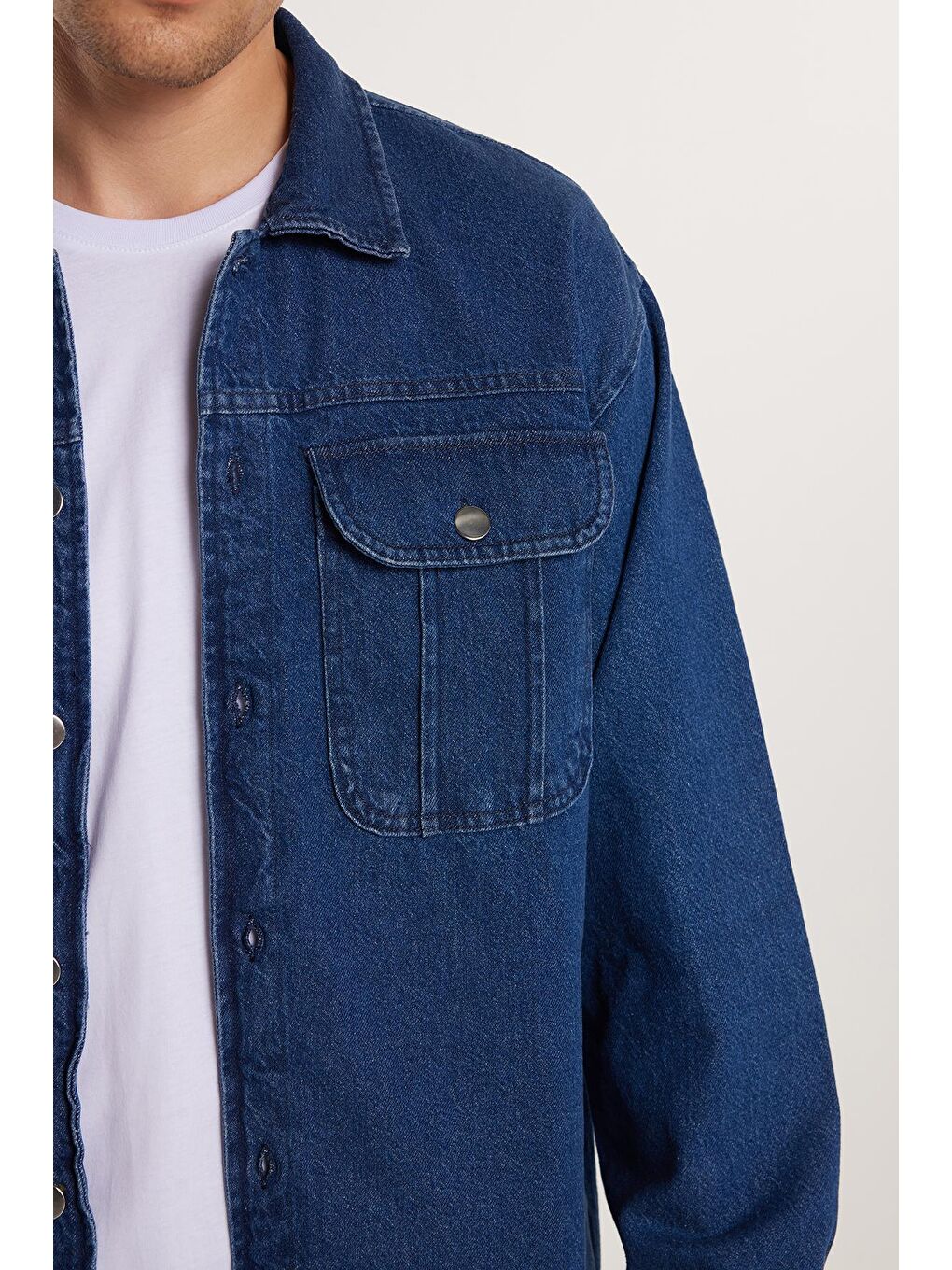 Lacivert Unisex Relax Fit Rahat Kesim Denim Jean Kapaklı Çift Cepli Overshirt Ceket Tarzı %100 Pamuk Gömlek-2
