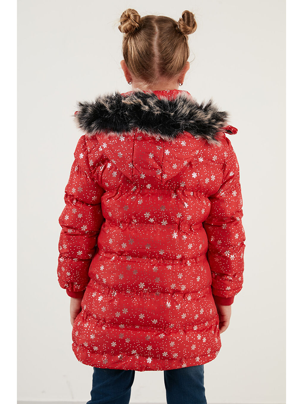 Kırmızı Yakası Suni Kürklü Çıkarılabilir Kapüşonlu Pelüş Astarlı Kışlık Uzun Kız Çocuk 5760051-4