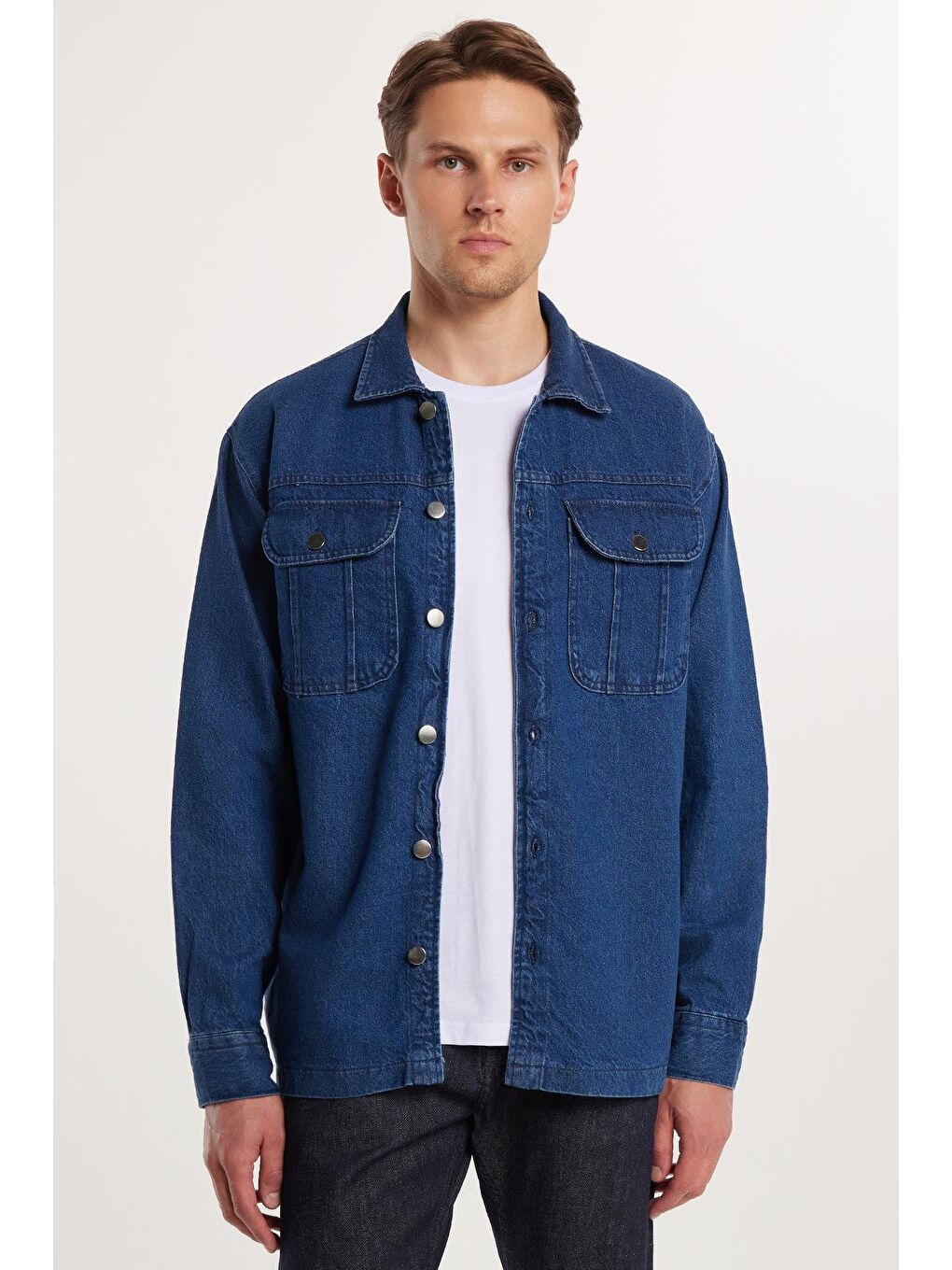 Lacivert Unisex Relax Fit Rahat Kesim Denim Jean Kapaklı Çift Cepli Overshirt Ceket Tarzı %100 Pamuk Gömlek-3